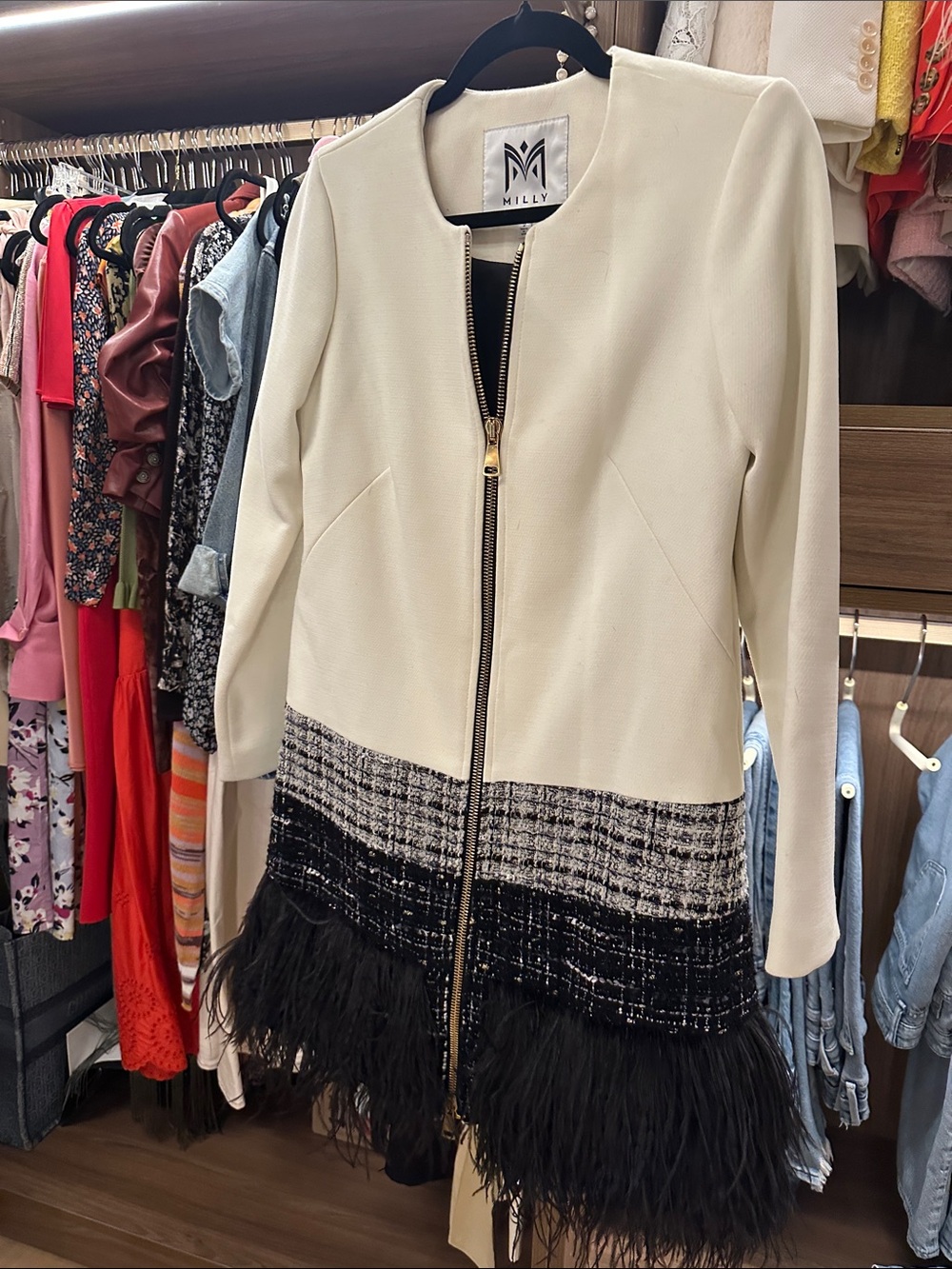 Milly Cream and Black Tweed Coat with Feather Trim